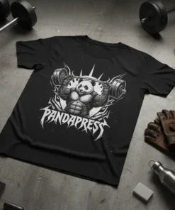 Pandapress text logo above a muscular panda lifting a barbell on a black t-shirt