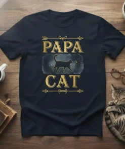 Papa Cat t-shirt with golden text and a silhouette of a walking cat on a dark background