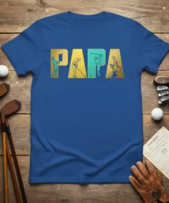 Blue PAPA Golf T-Shirt with gold and teal golfer graphics, featuring the word PAPA