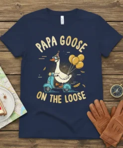 Papa Goose On The Loose t-shirt design featuring a goose riding a scooter with balloons, text in yellow and gold