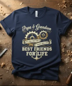 Papa & Grandson Best Friends For Life t-shirt with gears and anchor graphic, navy blue