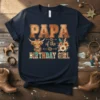 Papa of the Birthday Girl t-shirt with highland cow and floral accents, featuring distressed text
