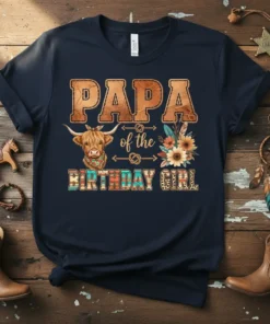 Papa of the Birthday Girl t-shirt with highland cow and floral accents, featuring distressed text