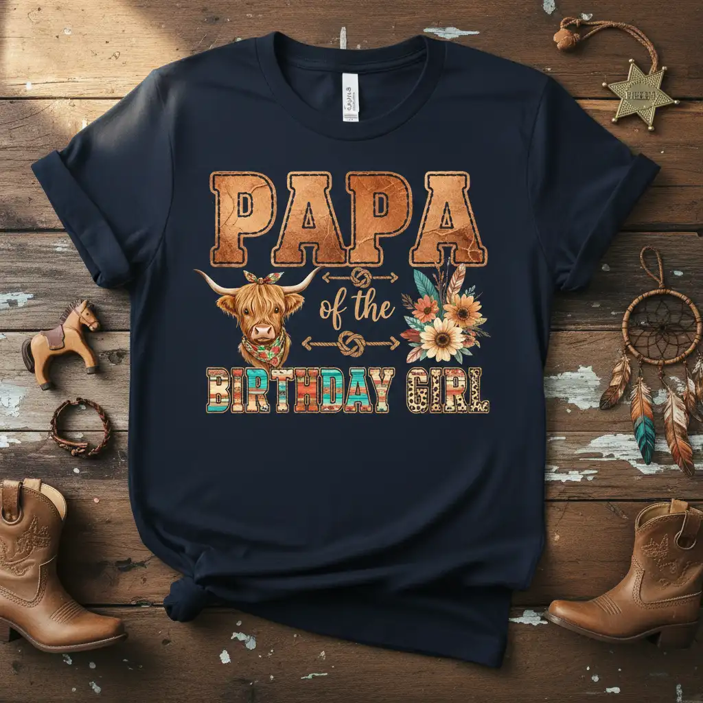Papa of the Birthday Girl text and highland cow graphic on a navy blue t-shirt, ideal for birthday celebrations