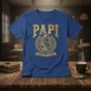 Papi King of the Castle bear graphic t-shirt design in gold distressed font with a bear and mountain illustration