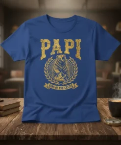 Papi King of the Castle bear graphic t-shirt design in gold distressed font with a bear and mountain illustration