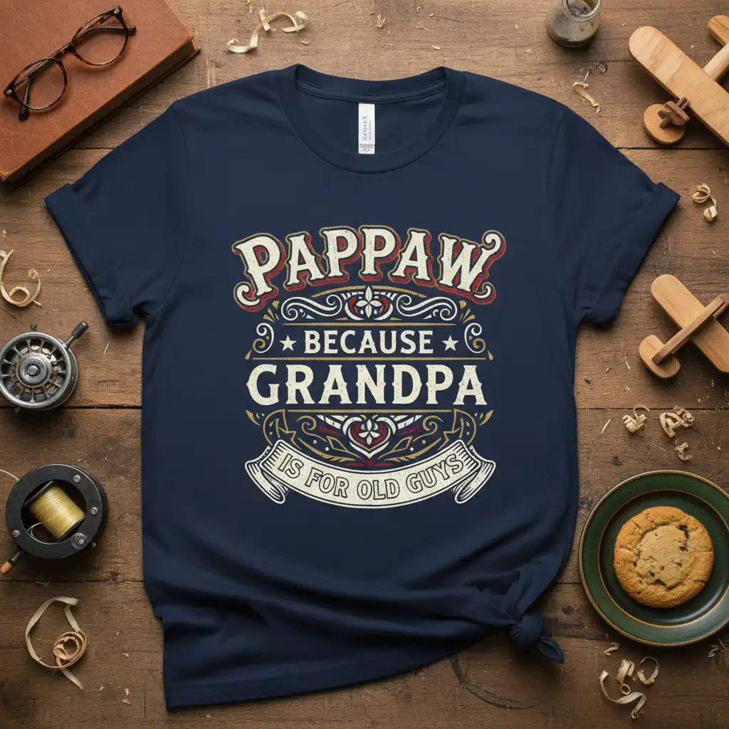 Pappaw Because Grandpa Is For Old Guys quote tee with vintage typography and decorative accents on a navy shirt