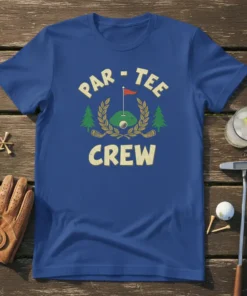 Par - Tee Crew text with golf graphic including flag, ball, clubs, trees, and laurel wreath on a blue t-shirt