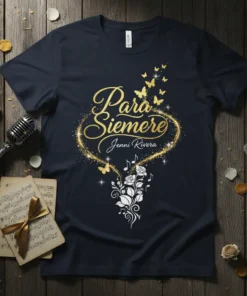 Para Siempre Jenni Rivera t-shirt design featuring golden script text, butterflies, musical notes, and floral elements