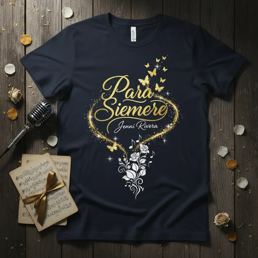 Para Siempre Jenni Rivera tribute t-shirt with golden script, butterflies, and floral music design