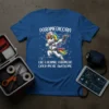 Paramedicorn unicorn in full paramedic gear with gun, text "PARAMEDICORN LIKE A NORMAL PARAMEDIC ONLY MORE AWESOME" on blue t-shirt