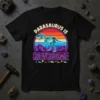 Parasaurus skeleton graphic with "Parasaurus Is RawrSome" text on a black t-shirt, featuring a retro sunset and mountain design