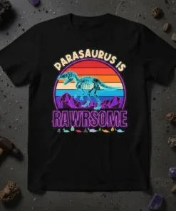 Parasaurus skeleton graphic with "Parasaurus Is RawrSome" text on a black t-shirt, featuring a retro sunset and mountain design