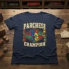 Parchesi Champion t-shirt design featuring a colorful game board and pawns, with bold text