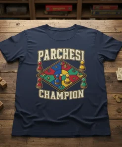 Parchesi Champion t-shirt design featuring a colorful game board and pawns, with bold text