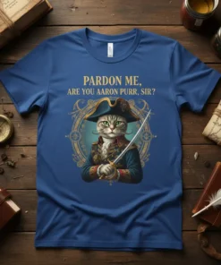 Pardon Me, Are You Aaron Purr, Sir? pirate cat t-shirt design with a cat in a captain's hat and holding