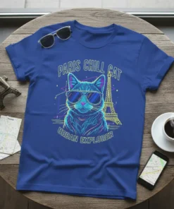 Paris Chill Cat Urban Explorer T-Shirt featuring a cool cat in sunglasses with the Eiffel Tower graphic