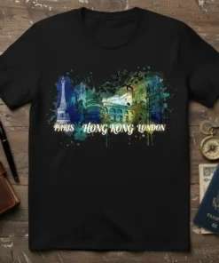 T-shirt design featuring the text PARIS HONG KONG LONDON with artistic illustrations of iconic landmarks from each city