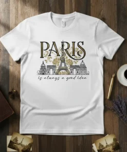 White t-shirt with black and gold "Paris is always a good idea" text and illustration of Parisian landmarks
