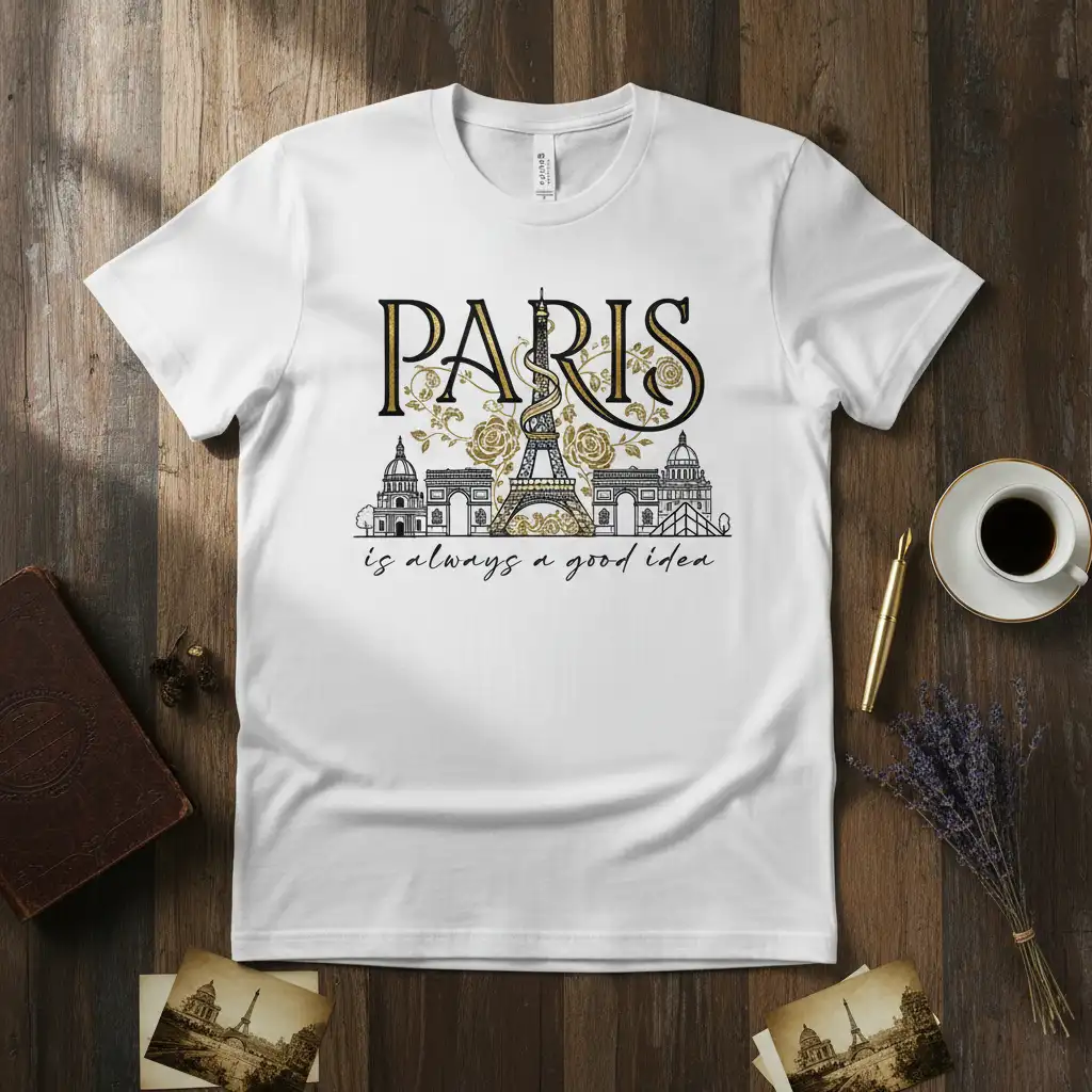 Paris is always a good idea quote with Eiffel Tower illustration on a white t-shirt design