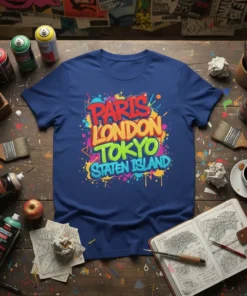 PARIS LONDON TOKYO STATEN ISLAND bold graphic design printed on comfortable cotton t-shirt