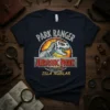 Park Ranger Jurassic Park Isla Nublar t-shirt with a T-Rex skeleton graphic and distressed text elements