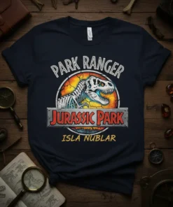 Park Ranger Jurassic Park Isla Nublar t-shirt with a T-Rex skeleton graphic and distressed text elements