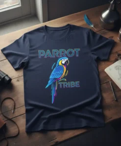 Parrot Tribe t-shirt design with colorful macaw graphic and neon text