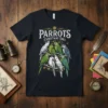 Parrots Christmas Tree T-Shirt design featuring multiple colorful parrots perched on a festive Christmas tree graphic