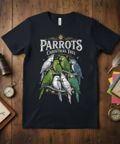 Parrots Christmas Tree T-Shirt design featuring multiple colorful parrots perched on a festive Christmas tree graphic