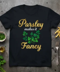 Black t-shirt with gold text "Parsley Makes It Fancy" and a green parsley graphic