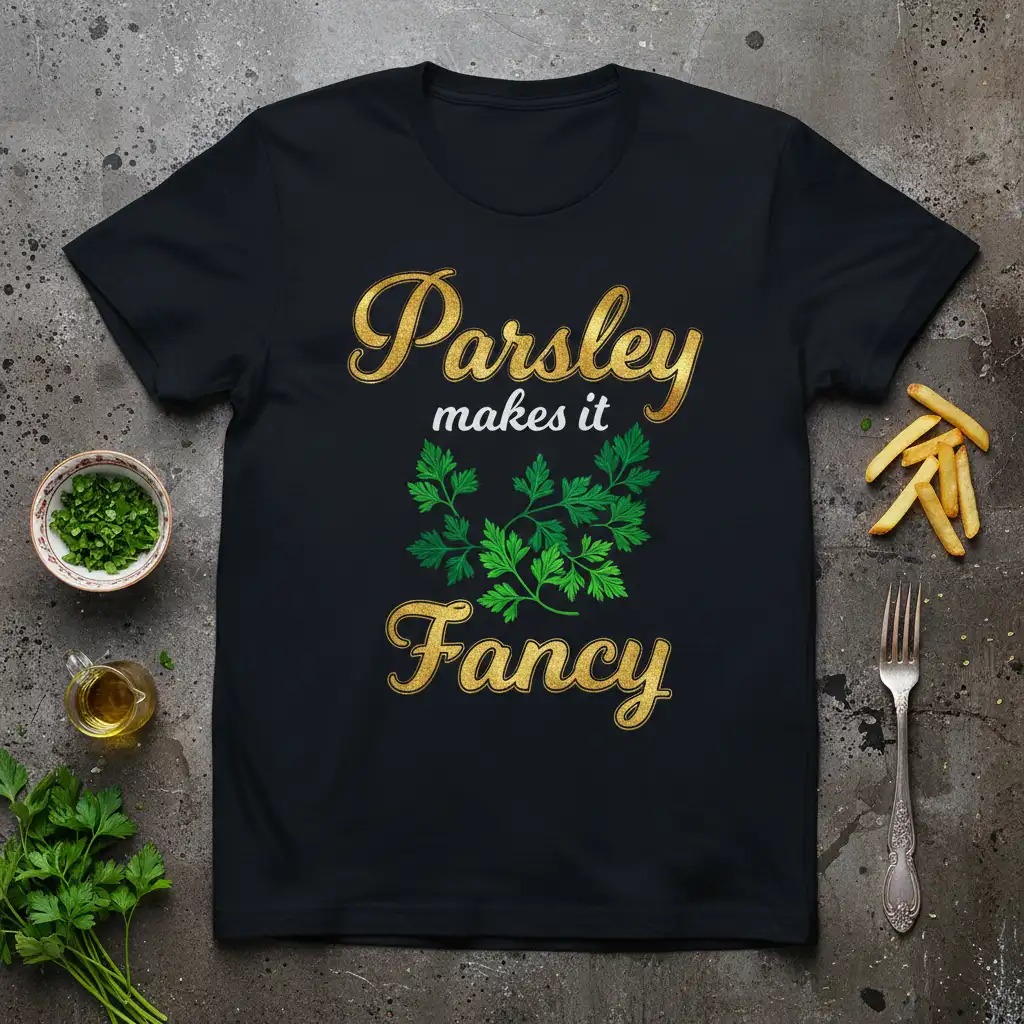 Parsley Makes It Fancy quote on a black t-shirt with a decorative parsley sprig graphic