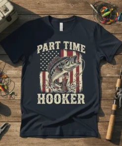 Part Time Hooker text with bass fish jumping in front of distressed American flag on a navy t-shirt