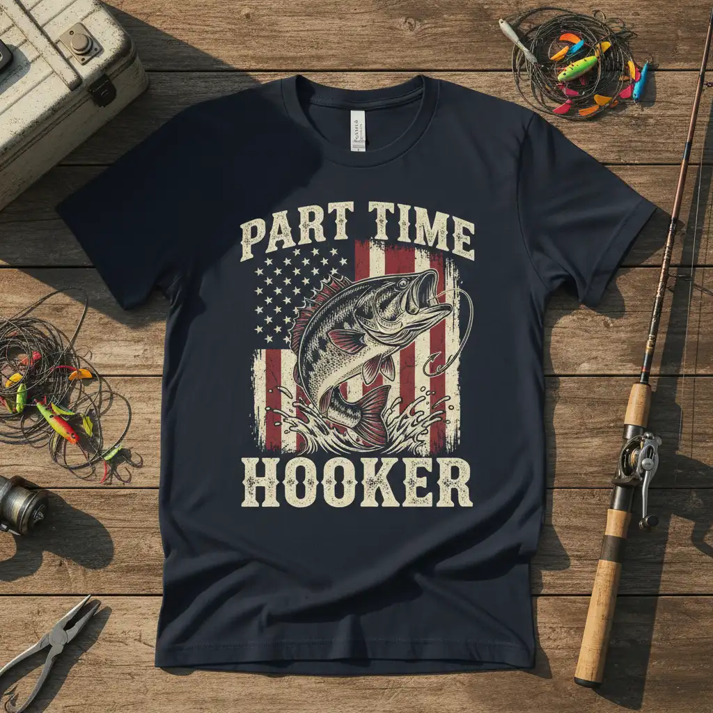 Part Time Hooker fishing quote with bass fish and American flag graphic on a navy tee