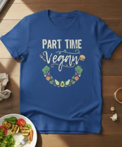 Part Time Vegan t-shirt design with stylized text and a border of fruits and vegetables