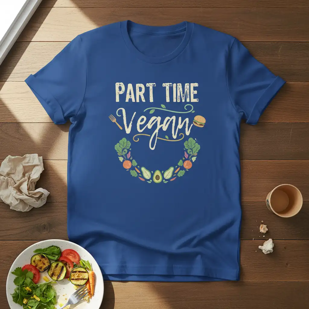 Part Time Vegan shirt design featuring playful typography and a decorative garland of fresh produce and food icons