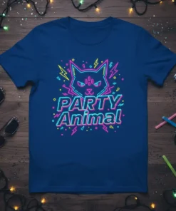 Neon "PARTY Animal" text with a stylized cat face and lightning bolts graphic on a blue t-shirt