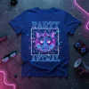Party Animal text with a neon cat wearing a party hat on a blue t-shirt, surrounded by confetti