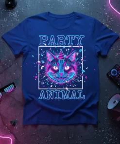 Party Animal text with a neon cat wearing a party hat on a blue t-shirt, surrounded by confetti