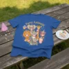 Party Animals T-Shirt design with cartoon lion, elephant, giraffe, koalas, zebra, and monkey blowing bubblegum at a party