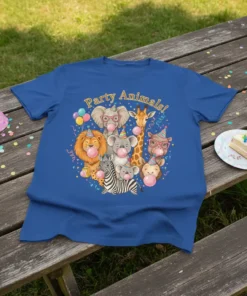 Party Animals T-Shirt design with cartoon lion, elephant, giraffe, koalas, zebra, and monkey blowing bubblegum at a party