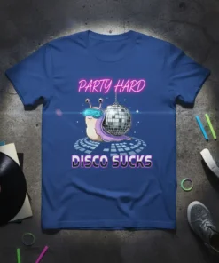 Party Hard Disco Sucks T-Shirt featuring a disco snail graphic and neon text