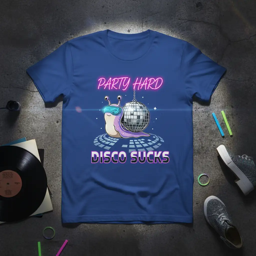 Party Hard Disco Sucks T-Shirt with a disco-themed snail illustration and neon text