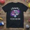 Party till THE COWS COME HOME t-shirt with cartoon cows, barn, and disco ball graphic