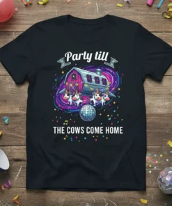 Party till THE COWS COME HOME t-shirt with cartoon cows, barn, and disco ball graphic