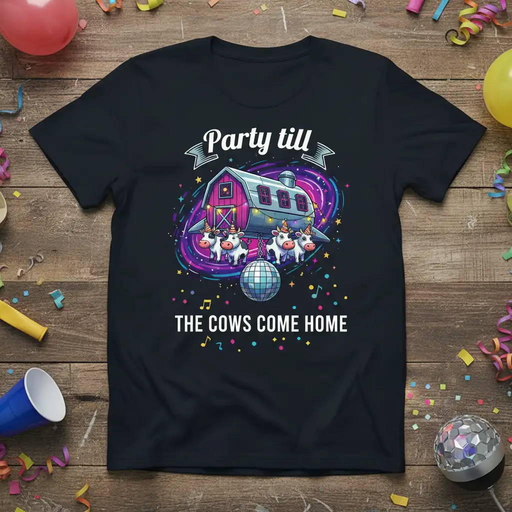 Party till THE COWS COME HOME funny cow disco barn graphic on black t-shirt