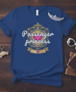 Passenger Princess t-shirt design with ornate crest, pink gem, and glitter accents