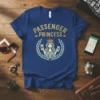 Passenger Princess t-shirt design with a queen holding coffee and phone, surrounded by a laurel wreath
