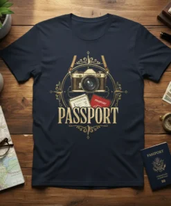 Passport Camera Travel T-Shirt design featuring a vintage camera, passport, and compass graphic