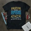 Pastor Because Hardcore Devil Stomping Ninja Isn't An Official Job Title text on a black t-shirt, featuring distressed golden and